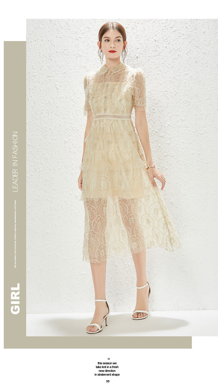 New Heavy Industry Embroidery Lace Lapel Waist Mesh Dress