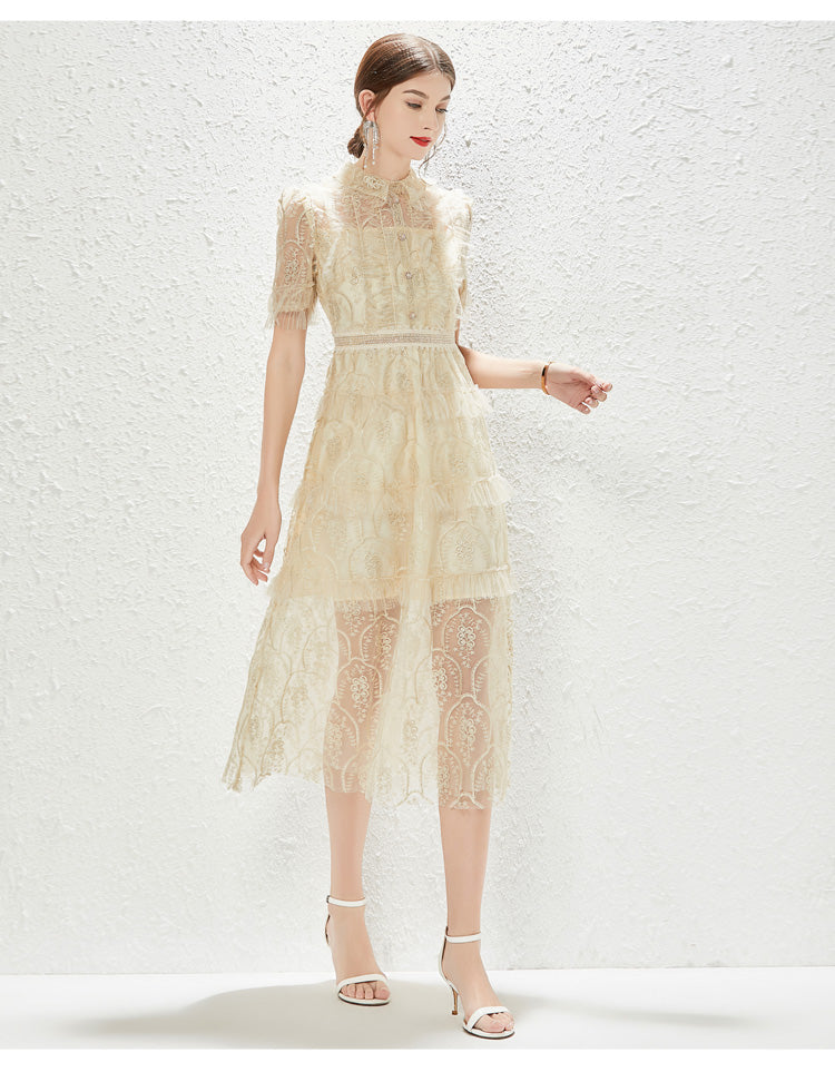 New Heavy Industry Embroidery Lace Lapel Waist Mesh Dress