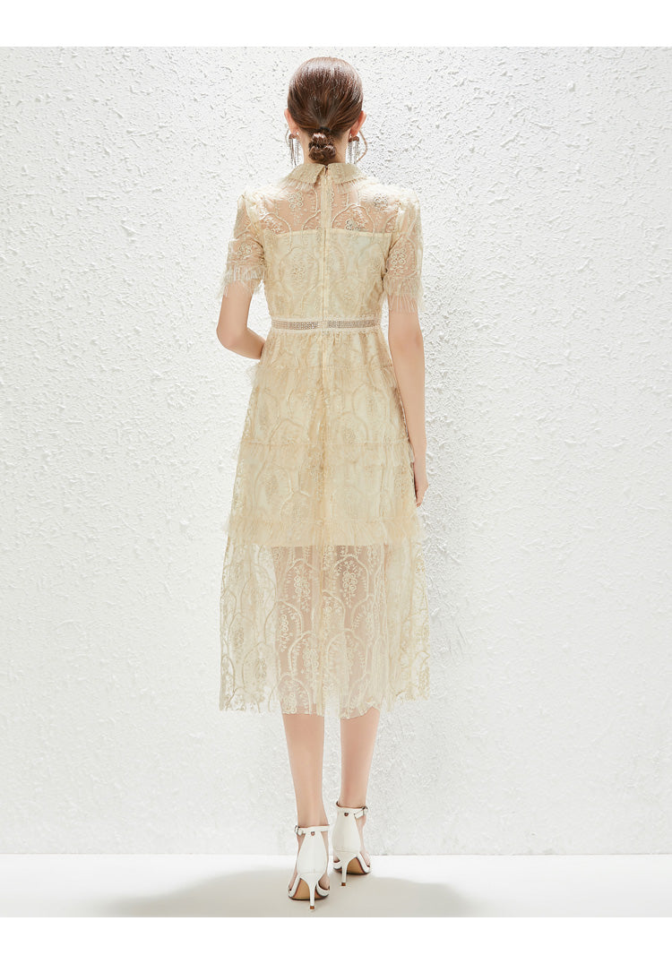 New Heavy Industry Embroidery Lace Lapel Waist Mesh Dress