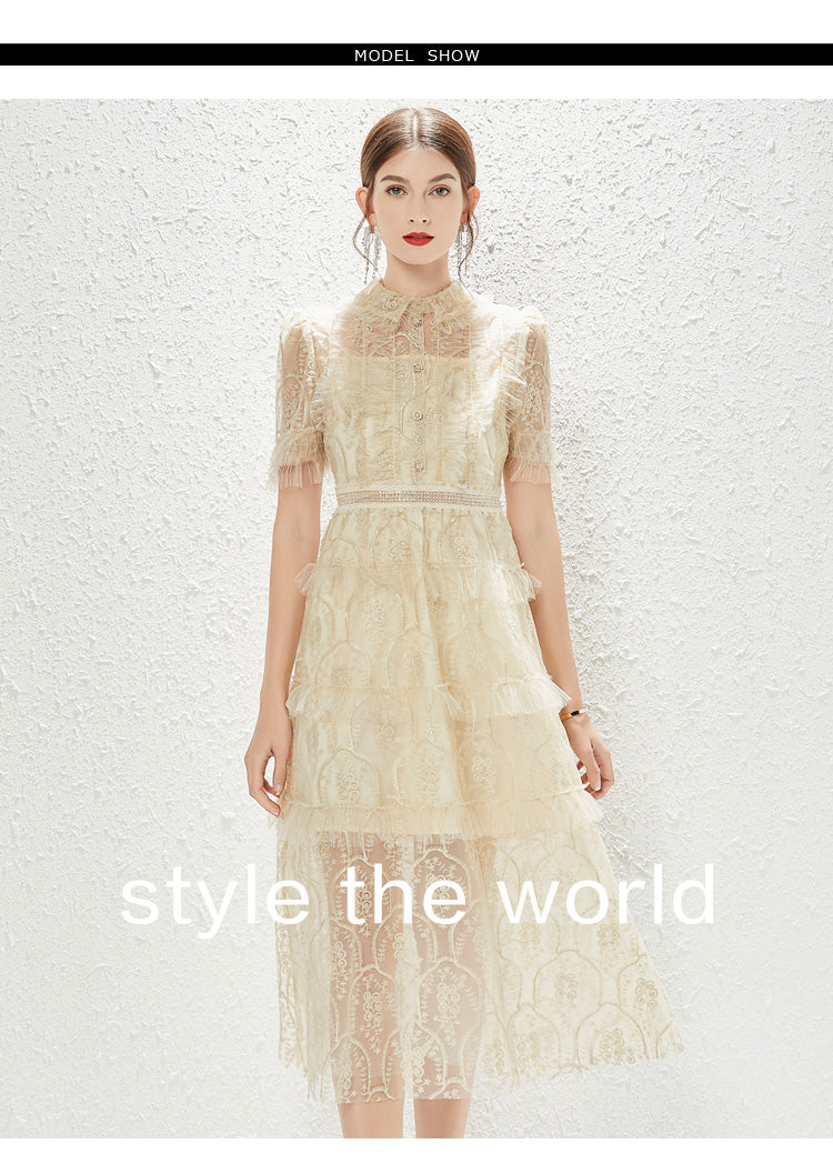 New Heavy Industry Embroidery Lace Lapel Waist Mesh Dress