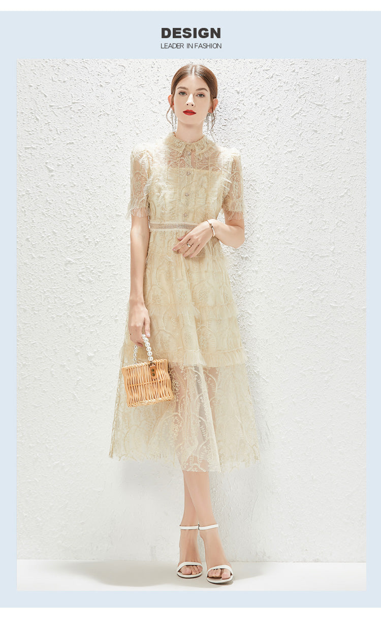 New Heavy Industry Embroidery Lace Lapel Waist Mesh Dress