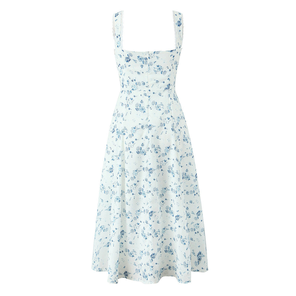 Spring Floral Print Lace Trim High Waist Slim Mid Length Sling Dress