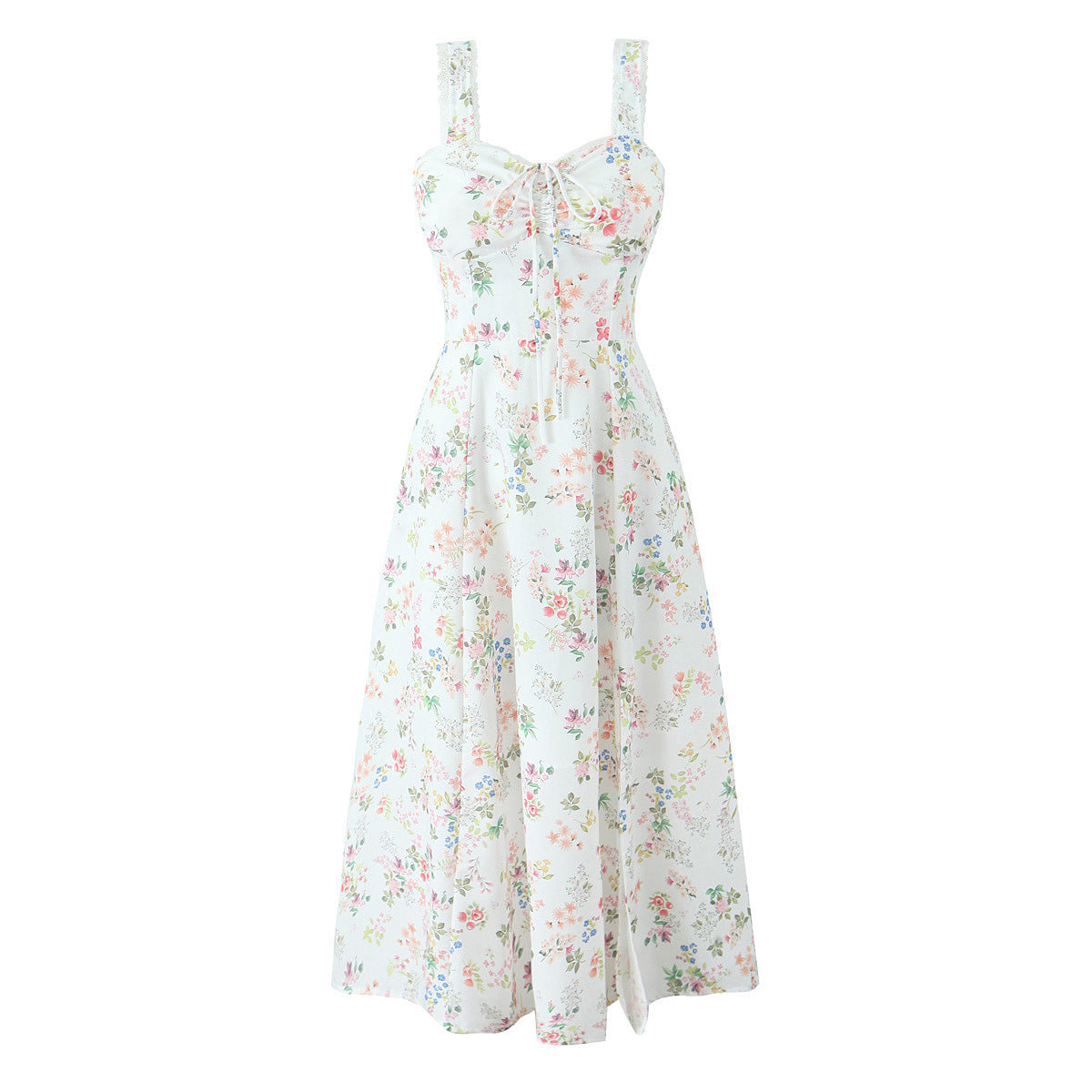 Spring Floral Print Lace Trim High Waist Slim Mid Length Sling Dress