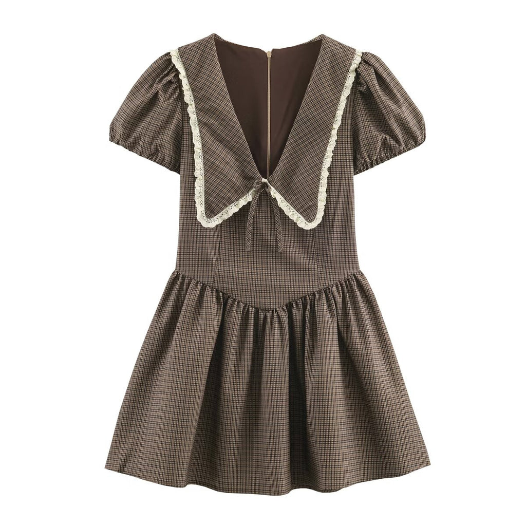 Women Plaid Small round Collared Dress