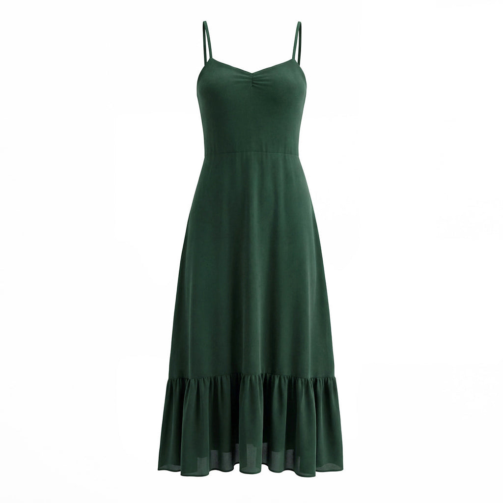 French Waist Tight Green Suspenders Dress for Women Slim Fit Ruffled Retro Slim Fit Holiday Chiffon Maxi Dress