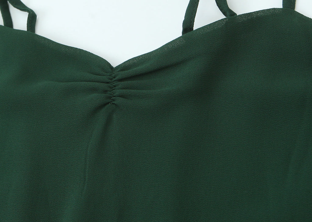 French Waist Tight Green Suspenders Dress for Women Slim Fit Ruffled Retro Slim Fit Holiday Chiffon Maxi Dress