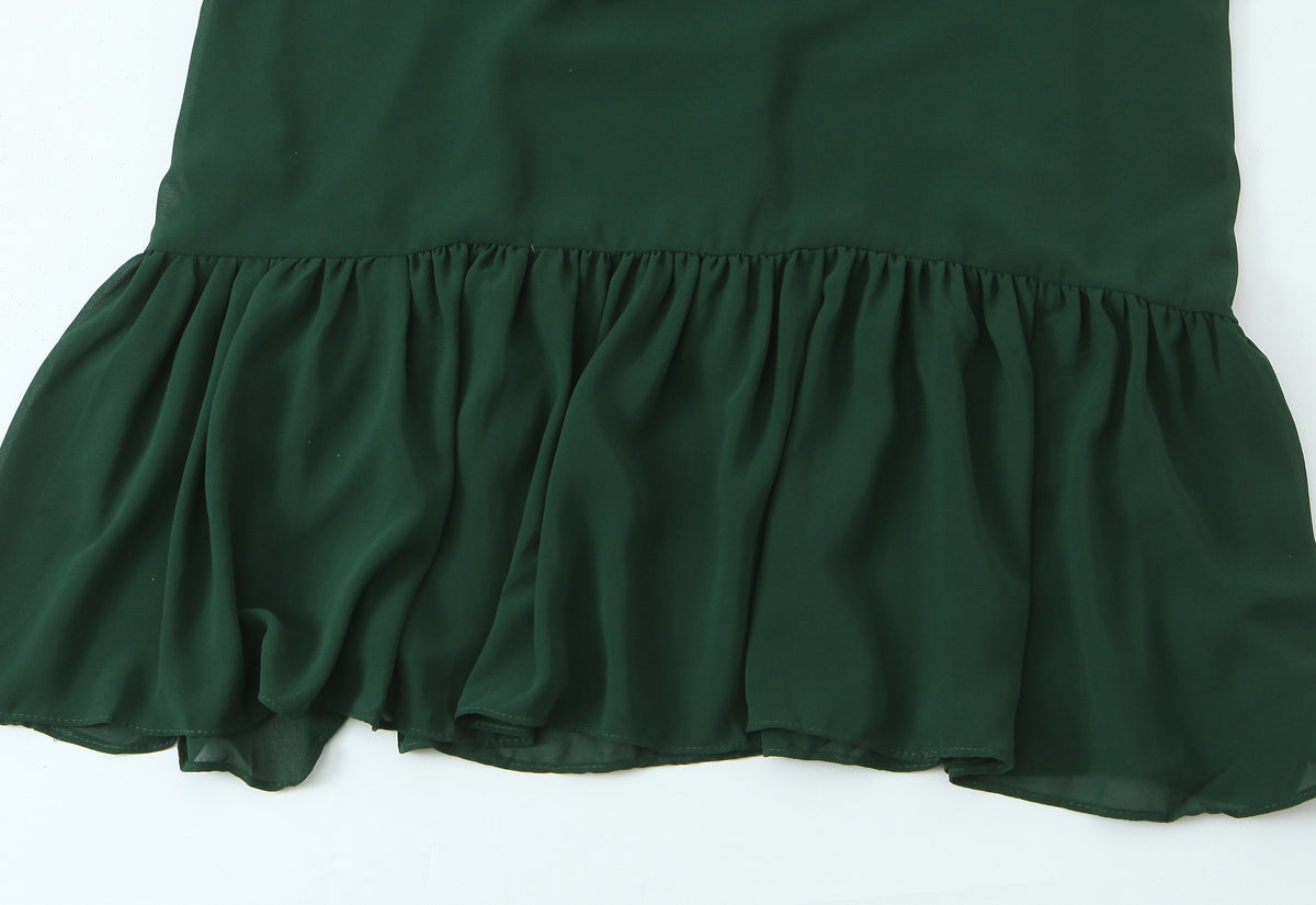 French Waist Tight Green Suspenders Dress for Women Slim Fit Ruffled Retro Slim Fit Holiday Chiffon Maxi Dress