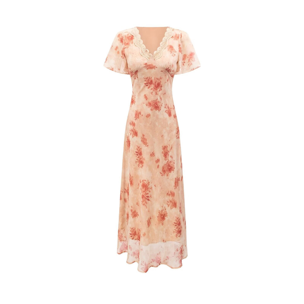 Women Clothing Elegant Pink Floral V neck Pullover Dress Women Waist Controlled Slimming Dress