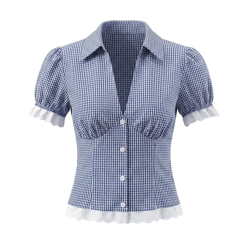 Women Elegant Blue White Fine Plaid Shirt Top Skirt Set