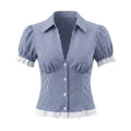 Women Elegant Blue White Fine Plaid Shirt Top Skirt Set