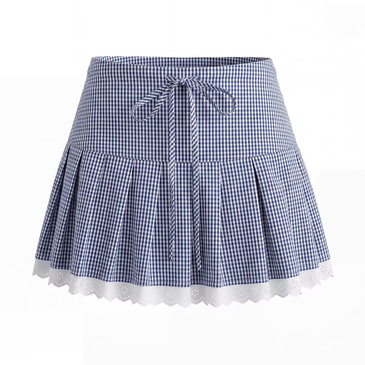 Women Elegant Blue White Fine Plaid Shirt Top Skirt Set