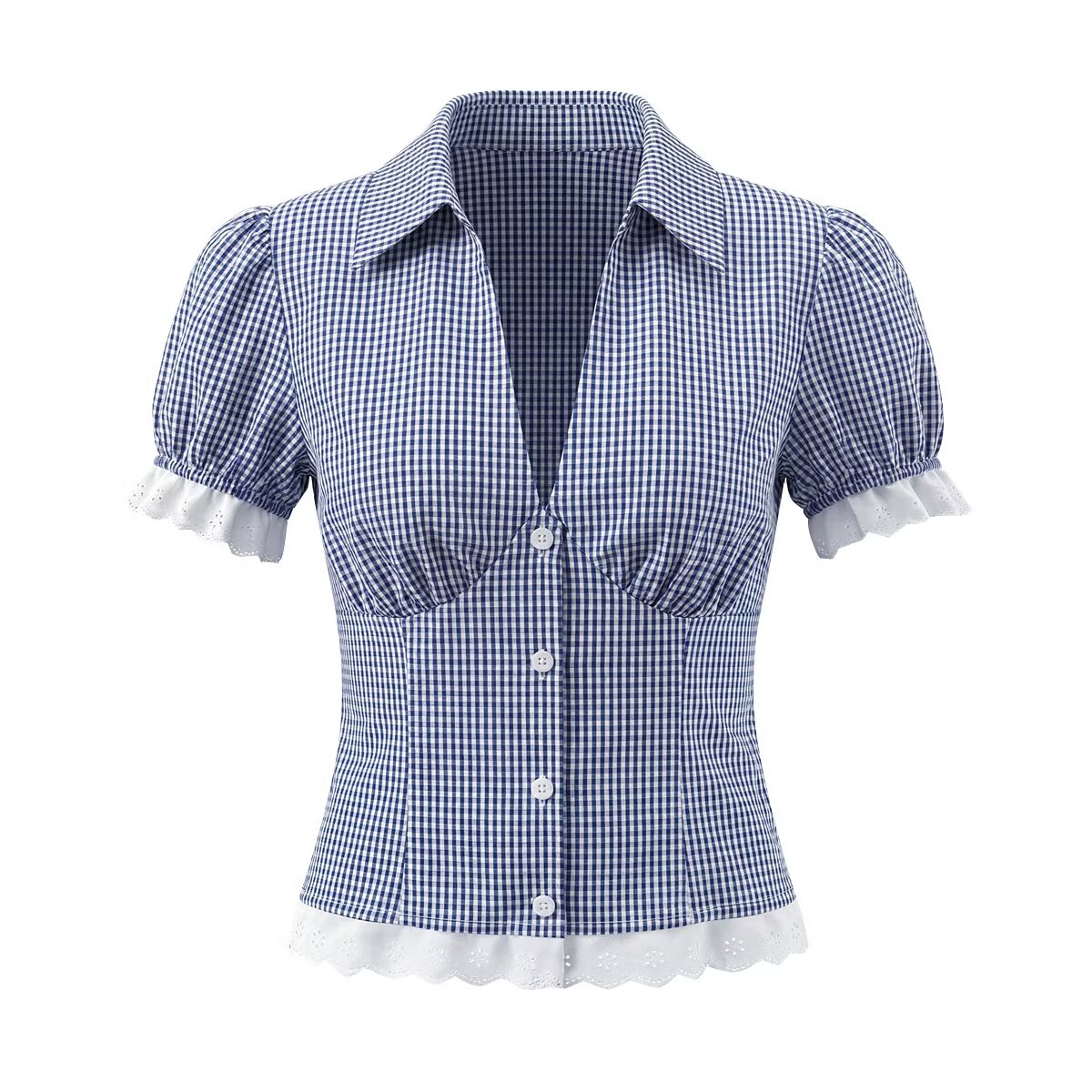 Women Elegant Blue White Fine Plaid Shirt Top Skirt Set
