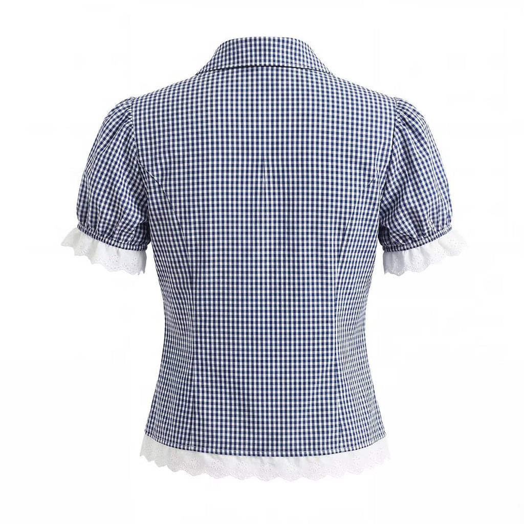 Women Elegant Blue White Fine Plaid Shirt Top Skirt Set