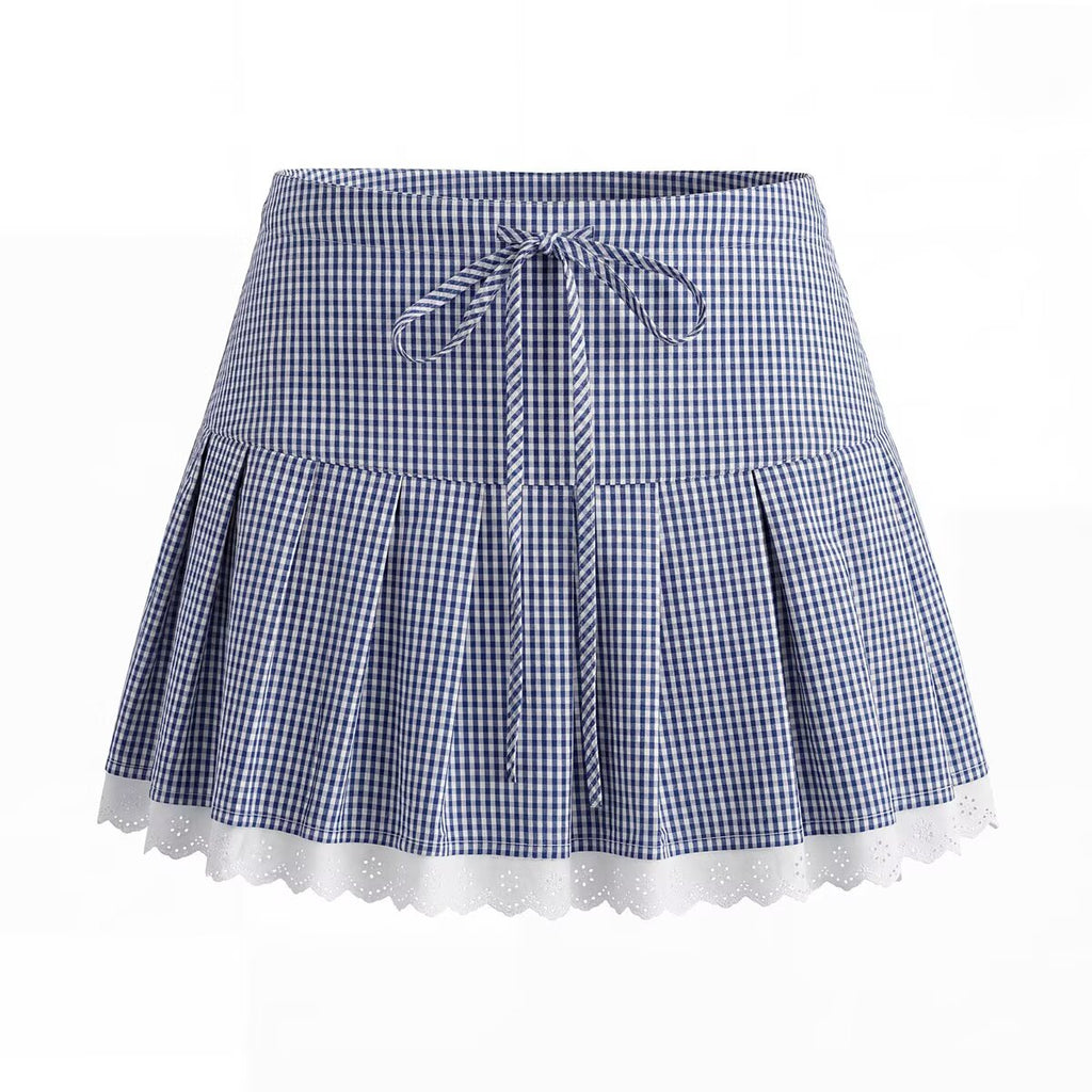 Women Elegant Blue White Fine Plaid Shirt Top Skirt Set