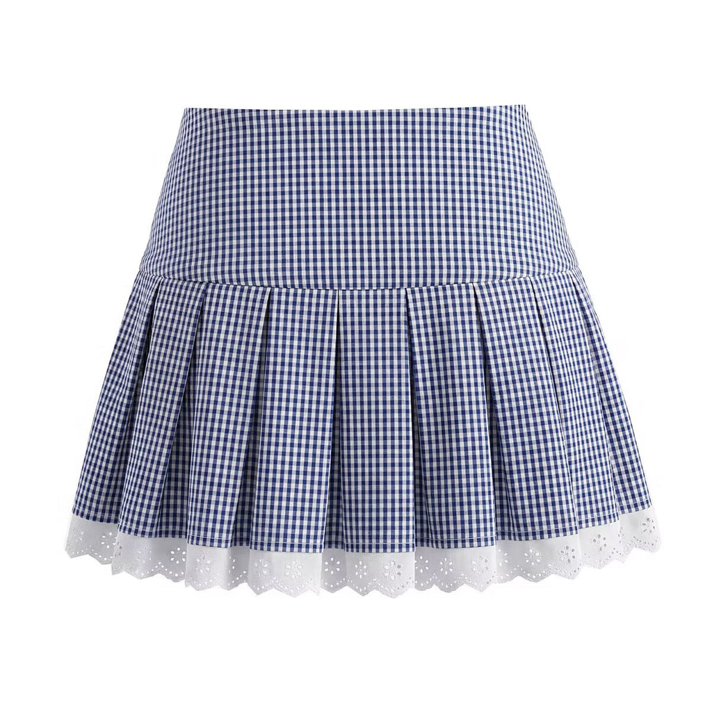 Women Elegant Blue White Fine Plaid Shirt Top Skirt Set