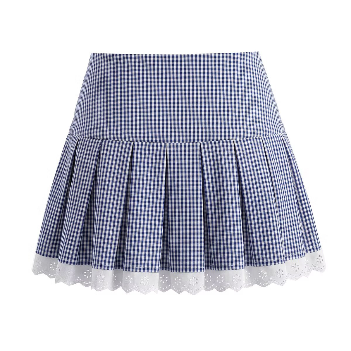 Women Elegant Blue White Fine Plaid Shirt Top Skirt Set