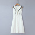 Elegant Sailor Collar Sailor Collar Single Breasted White Long Dress