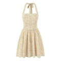 French Vintage Small Floral Printed Sexy Halter Dress Summer Waist Controlled Slim Fit Slimming Holiday Short Dress