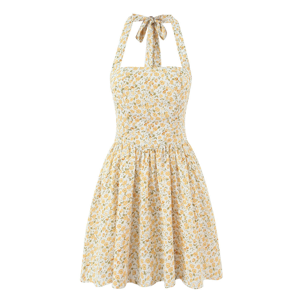 French Vintage Small Floral Printed Sexy Halter Dress Summer Waist Controlled Slim Fit Slimming Holiday Short Dress