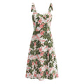 French Floral Printed Sexy Slim Fit Slimming Lace up Bow Suspenders Mid Length Dress
