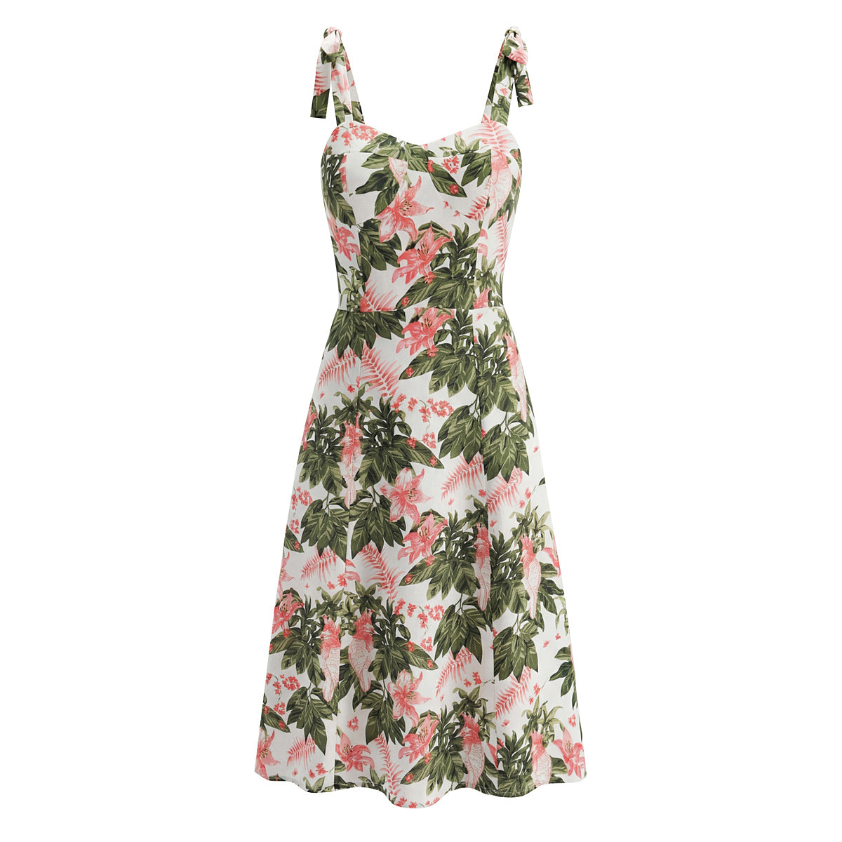 French Floral Printed Sexy Slim Fit Slimming Lace up Bow Suspenders Mid Length Dress