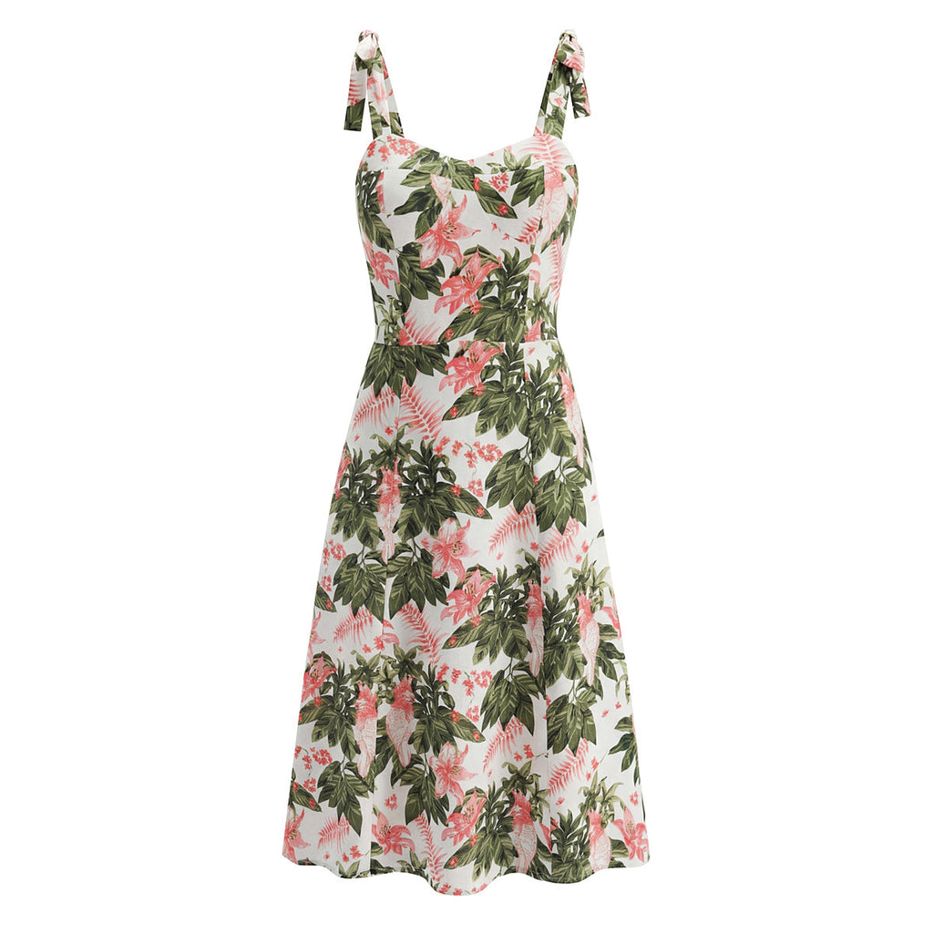 French Floral Printed Sexy Slim Fit Slimming Lace up Bow Suspenders Mid Length Dress