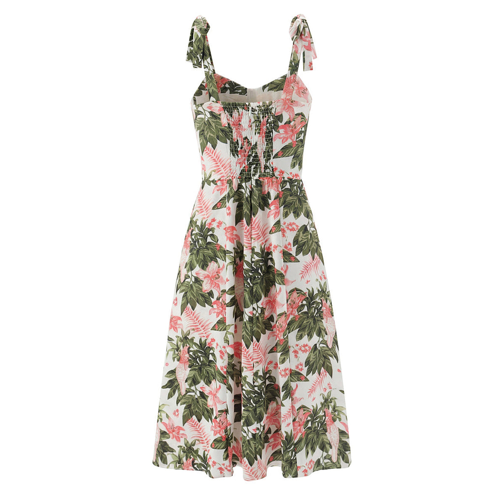 French Floral Printed Sexy Slim Fit Slimming Lace up Bow Suspenders Mid Length Dress