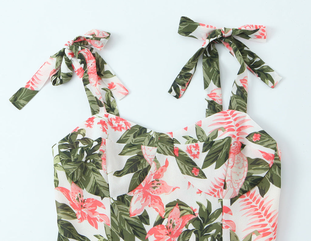 French Floral Printed Sexy Slim Fit Slimming Lace up Bow Suspenders Mid Length Dress
