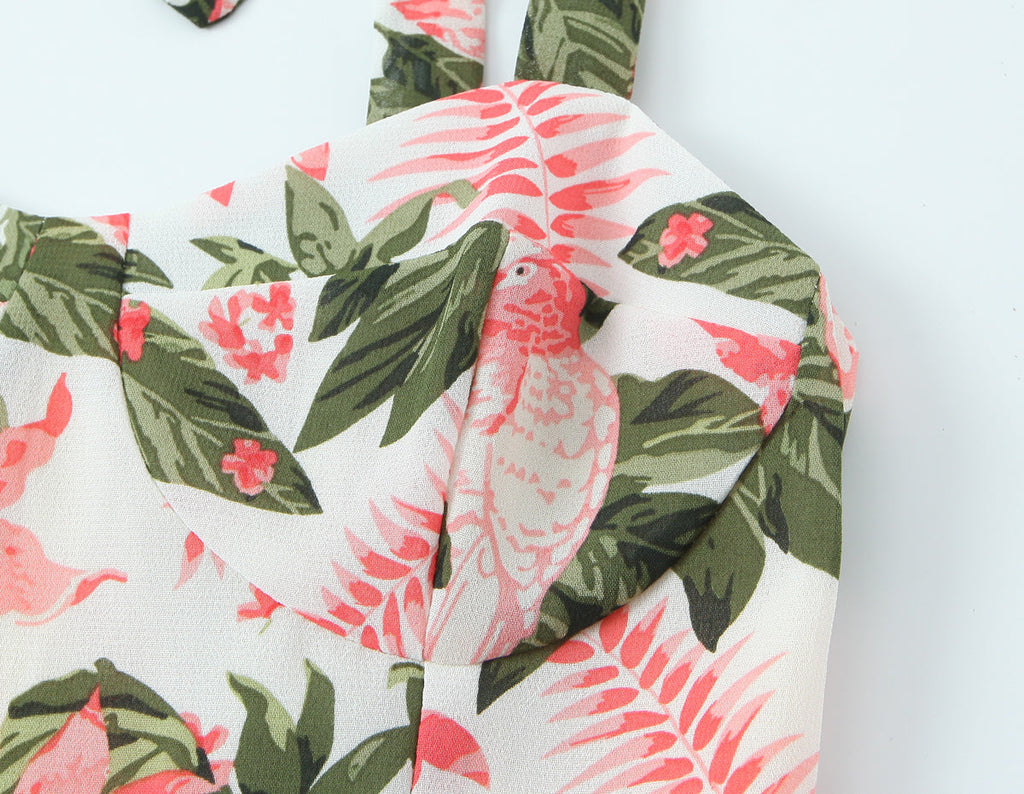 French Floral Printed Sexy Slim Fit Slimming Lace up Bow Suspenders Mid Length Dress