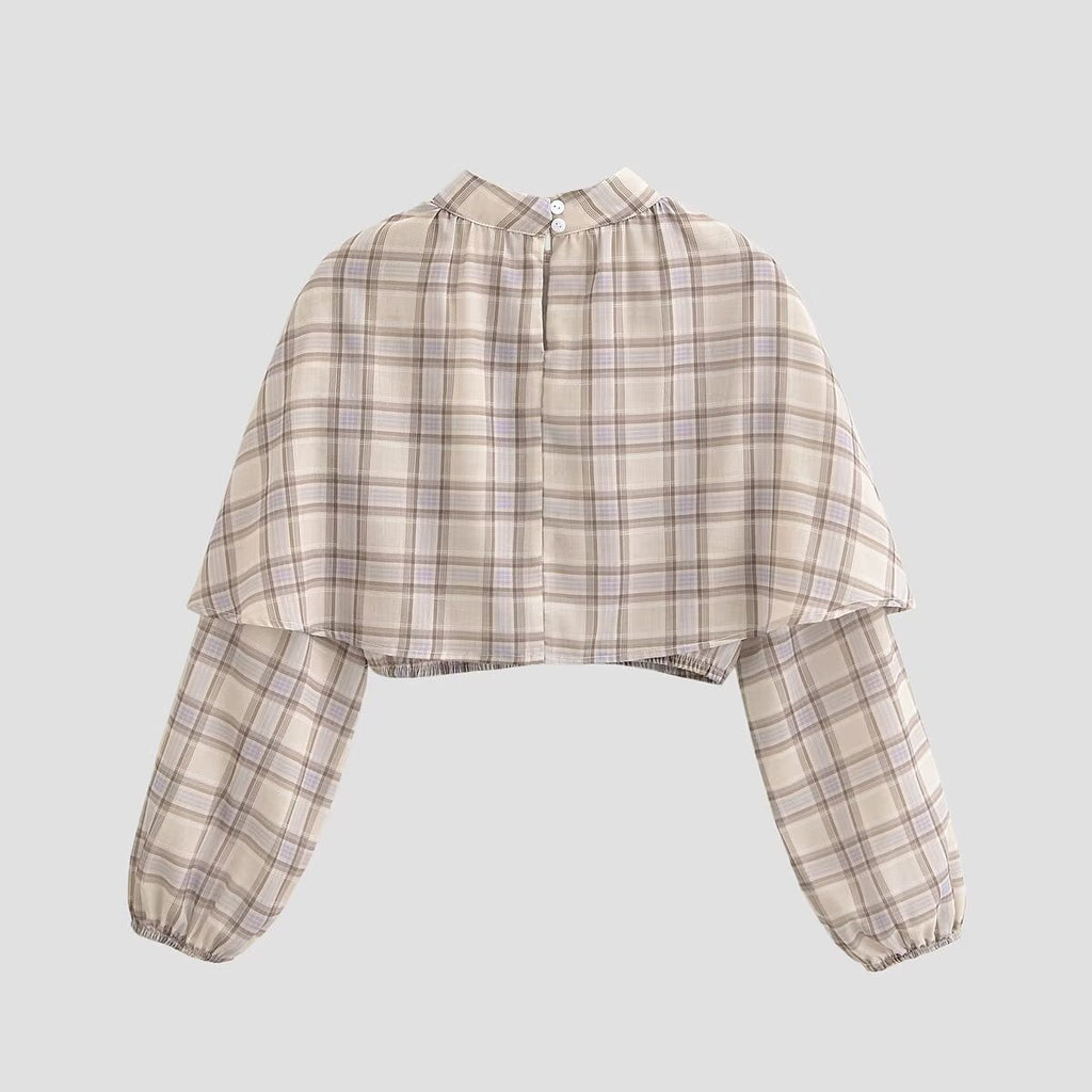 Women Clothing Spring Personalized Plaid Laminated Decoration Stand Collar Short Top