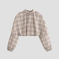 Women Clothing Spring Personalized Plaid Laminated Decoration Stand Collar Short Top