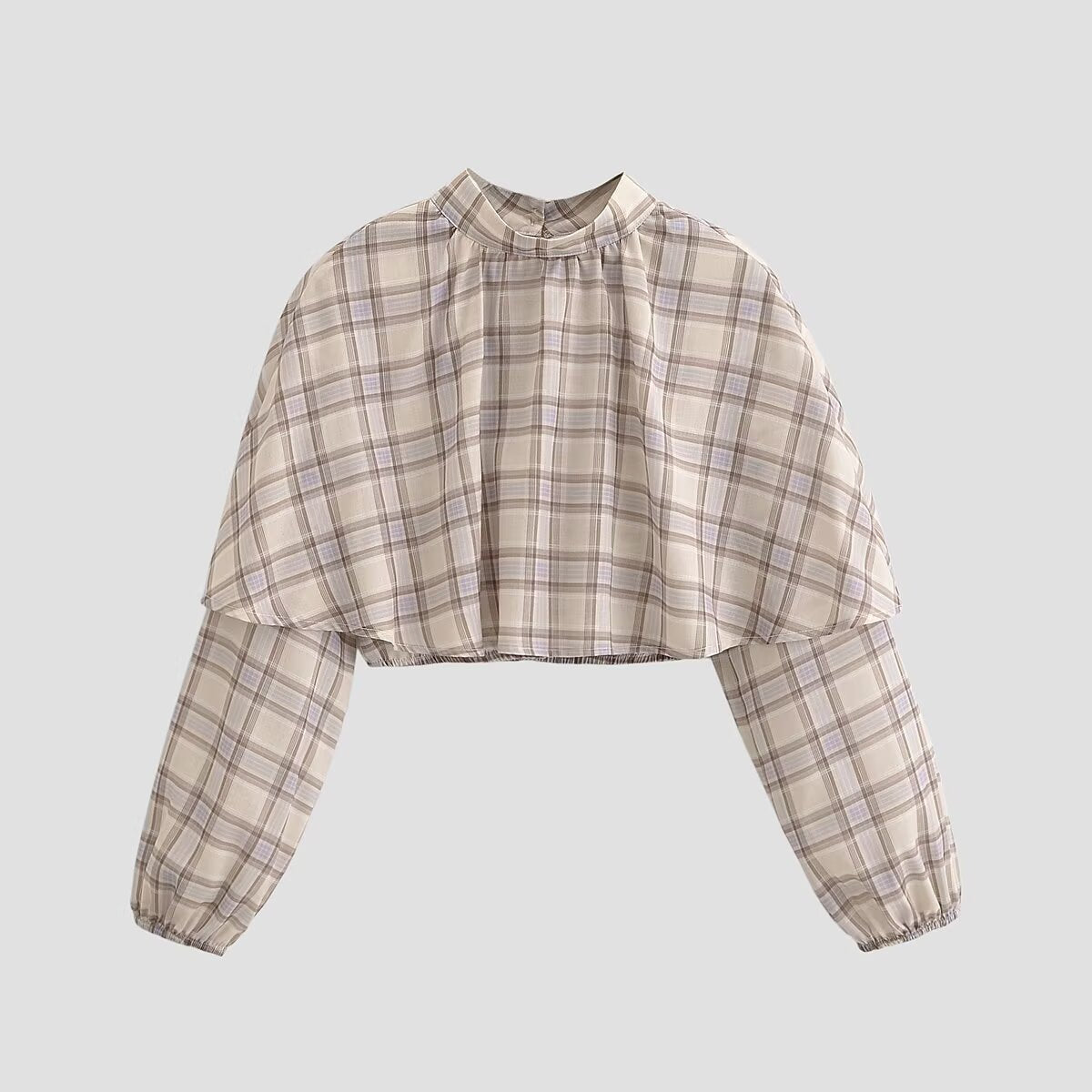 Women Clothing Spring Personalized Plaid Laminated Decoration Stand Collar Short Top