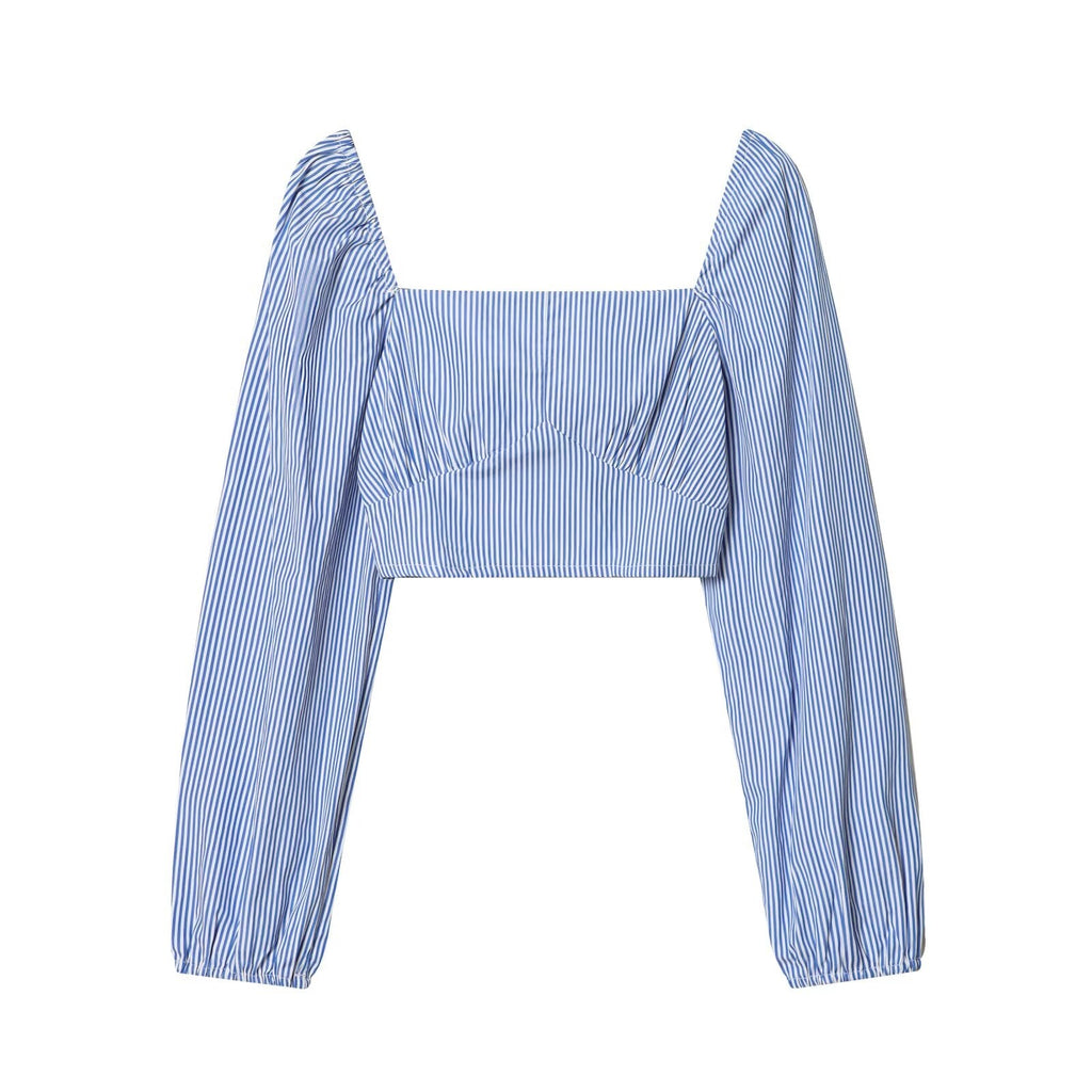 Women Clothing Spring Sexy Design Striped Backless Square Collar Short Shirt Top