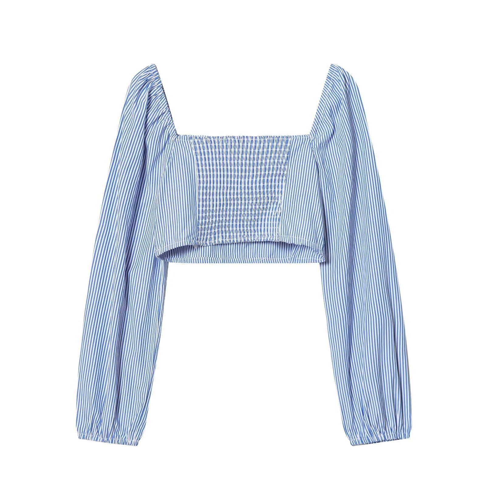 Women Clothing Spring Sexy Design Striped Backless Square Collar Short Shirt Top