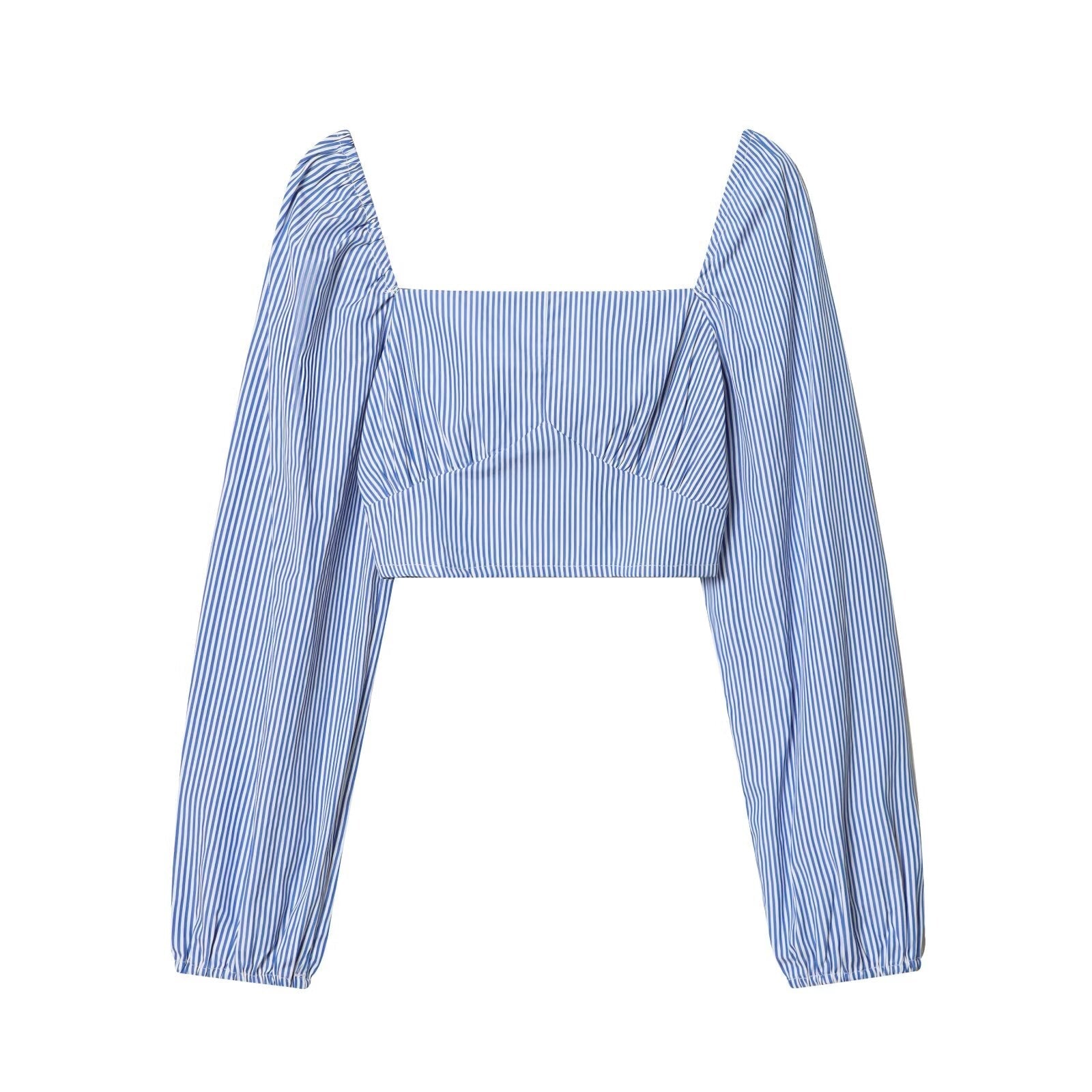 Women Clothing Spring Sexy Design Striped Backless Square Collar Short Shirt Top