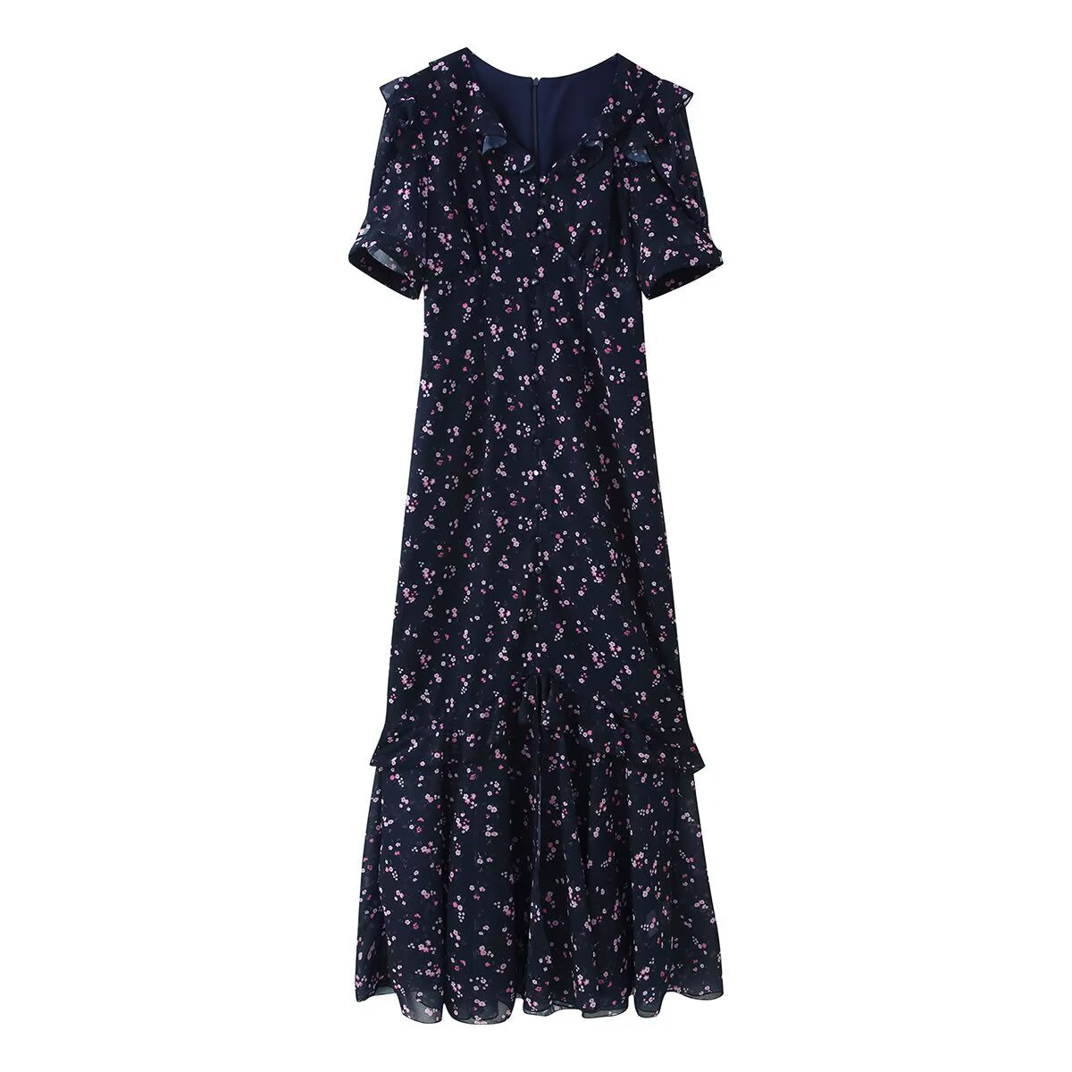 Spring Women Breasted Ruffled Collar Chiffon Split Dress