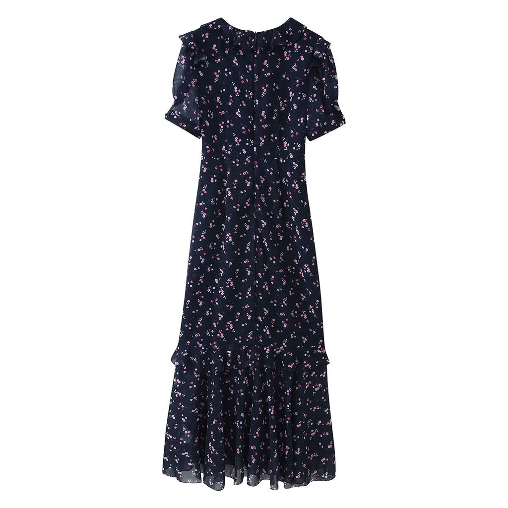 Spring Women Breasted Ruffled Collar Chiffon Split Dress
