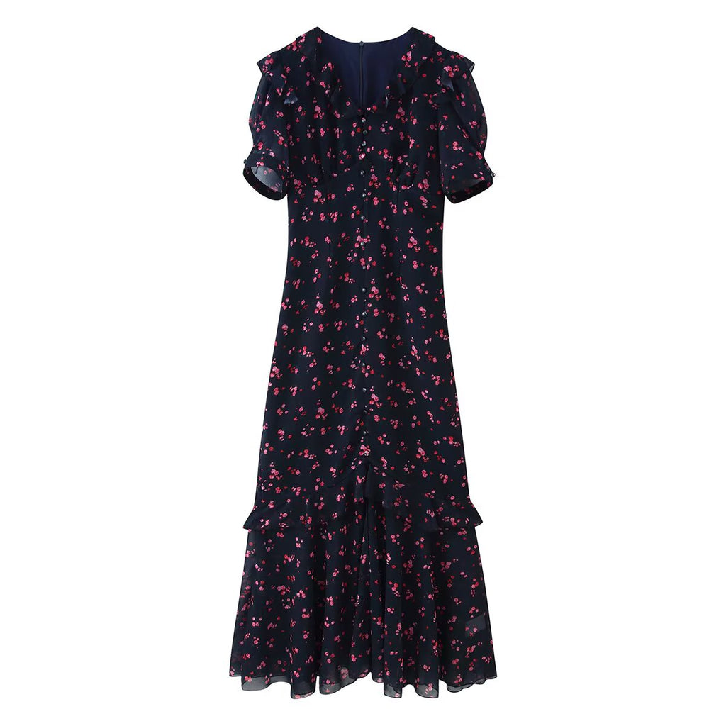 Spring Women Breasted Ruffled Collar Chiffon Split Dress