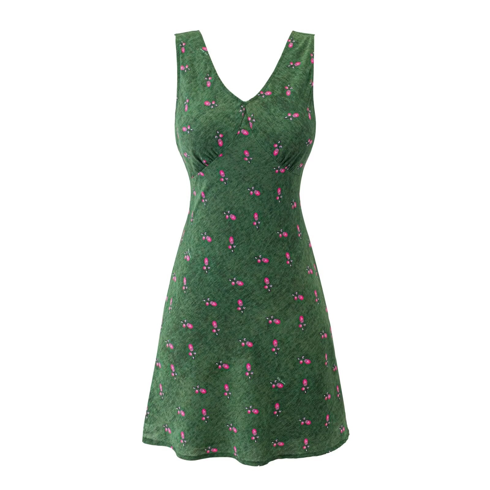 Summer Romantic Vintage Floral Short Sexy Lace up Slim Fit Slimming V Neckline Sleeveless Dress