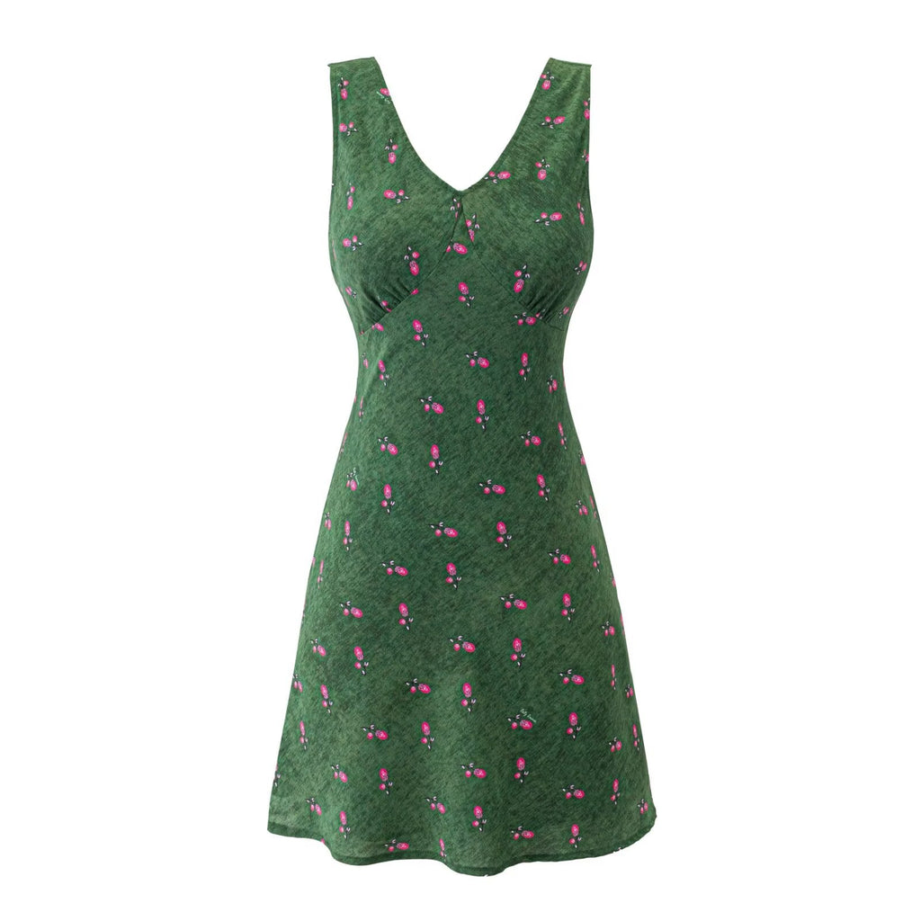 Summer Romantic Vintage Floral Short Sexy Lace up Slim Fit Slimming V Neckline Sleeveless Dress