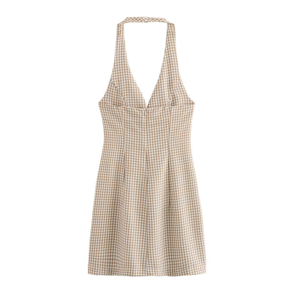 Women Clothing Summer French All Match Retro Spaghetti Straps Small Plaid Dress