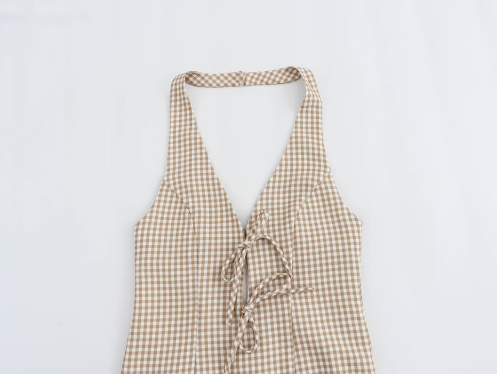 Women Clothing Summer French All Match Retro Spaghetti Straps Small Plaid Dress