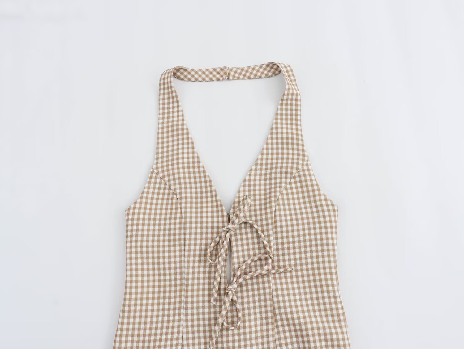 Women Clothing Summer French All Match Retro Spaghetti Straps Small Plaid Dress