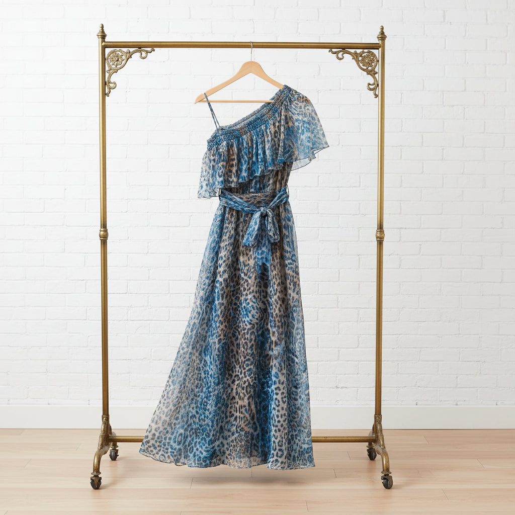 Peacock Blue Leopard Print Chiffon Off-Shoulder Dress – Boho A-Line
