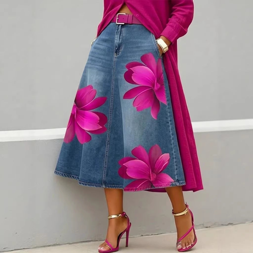 Women's Floral Print A-Line Midi Skirt – Denim-Style Boho Skirt