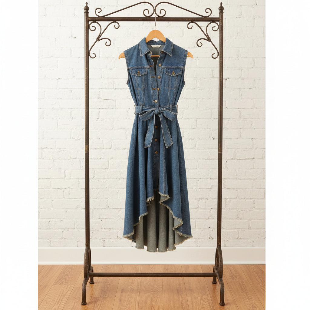 Women's Sleeveless Denim Midi Dress – Irregular Hem Button-Front