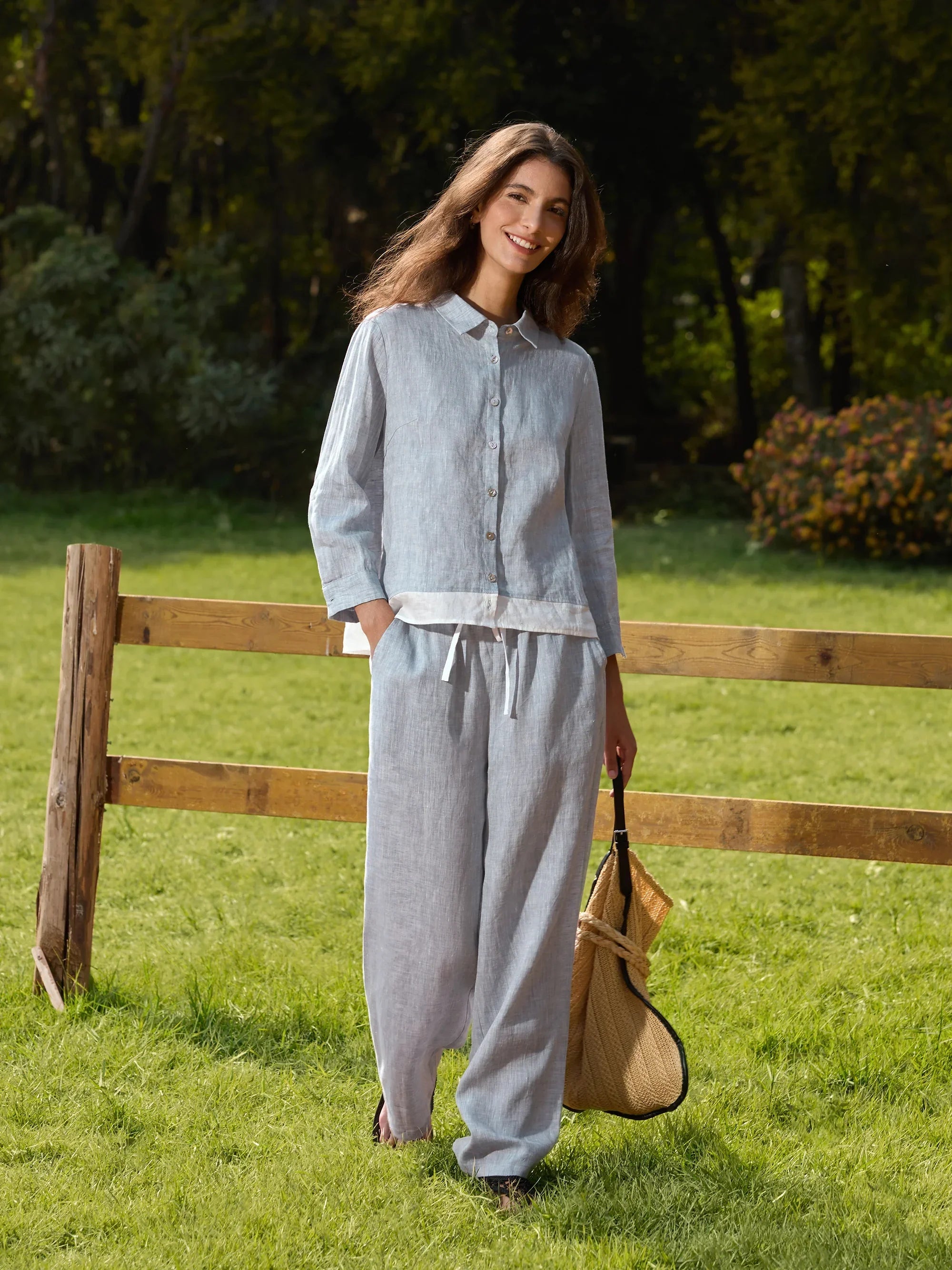 100% Linen Elastic Waist Straight-Leg Trousers JOURDAN