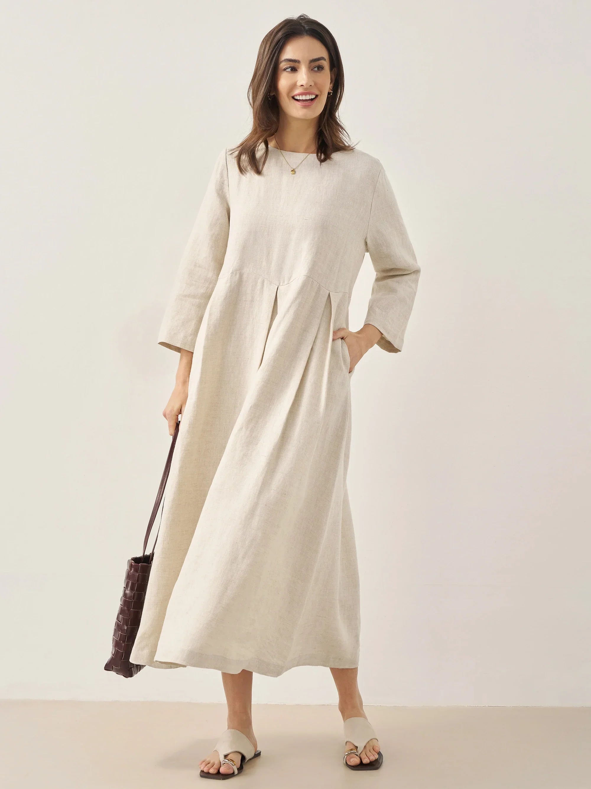 100% Linen Bateau Neck Pleated Midi Dress