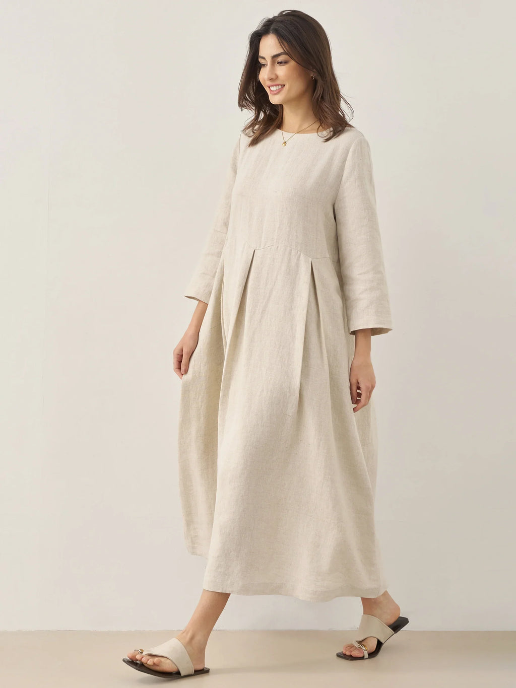 100% Linen Bateau Neck Pleated Midi Dress