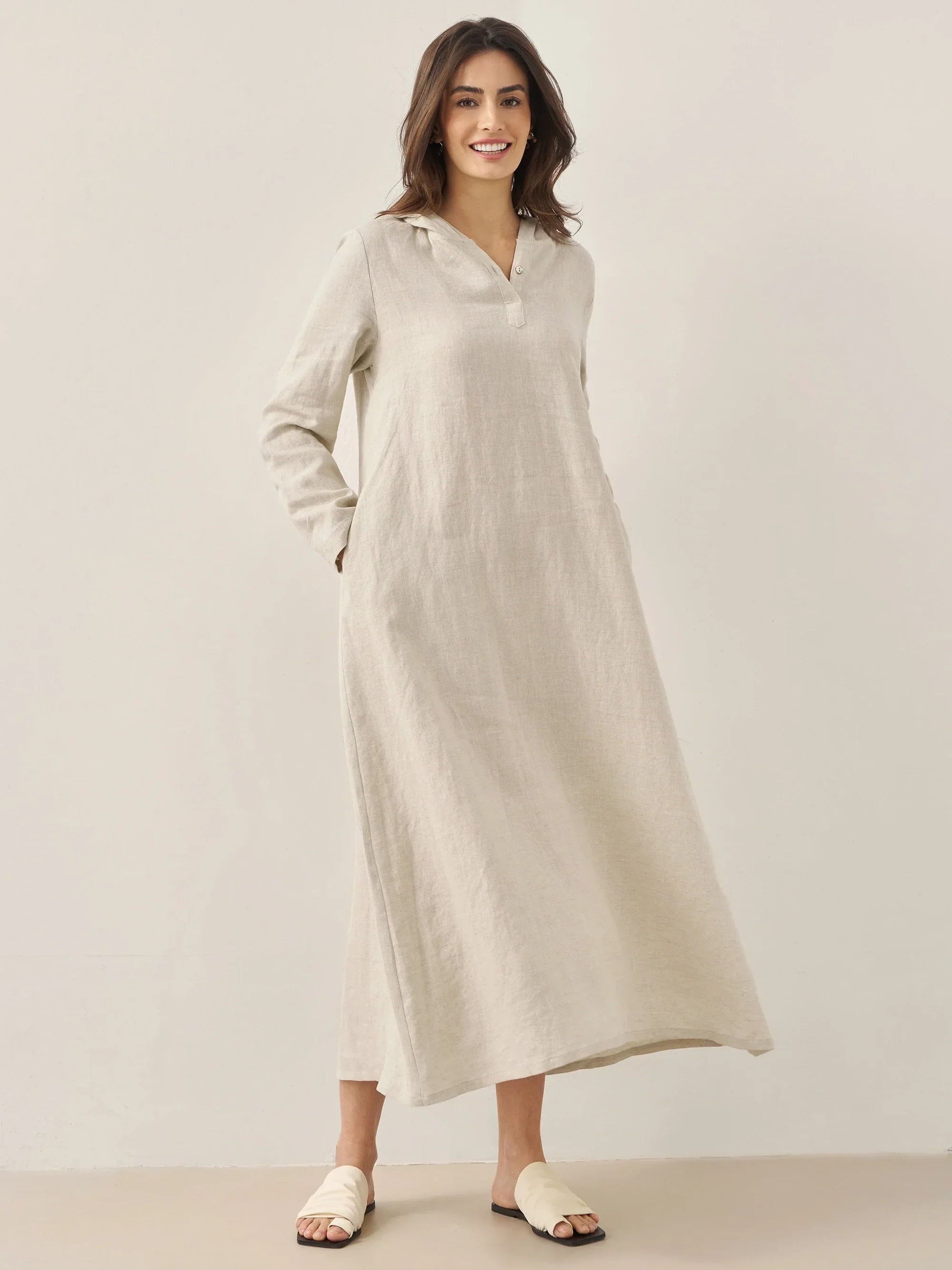 100% Linen Hooded Pullover Midi Dress REBECCA